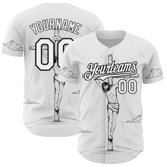 Custom White Black 3D Pattern Design Religion Cross Jesus Christ Good Friday Authentic Baseball Jersey - Main View