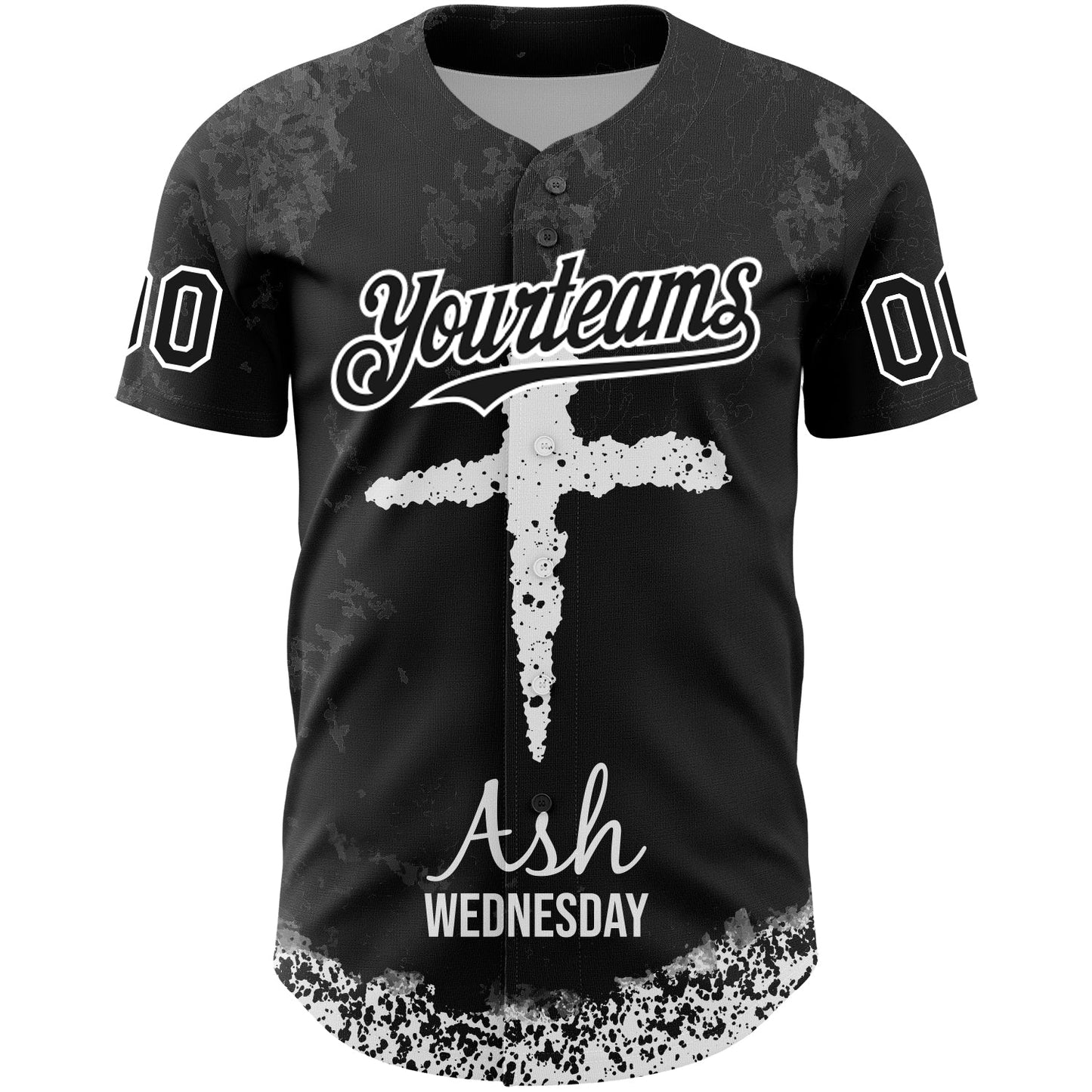 Custom Black White-Gray 3D Pattern Design Religion Cross Jesus Christ Ash Wednesday Authentic Baseball Jersey view 2