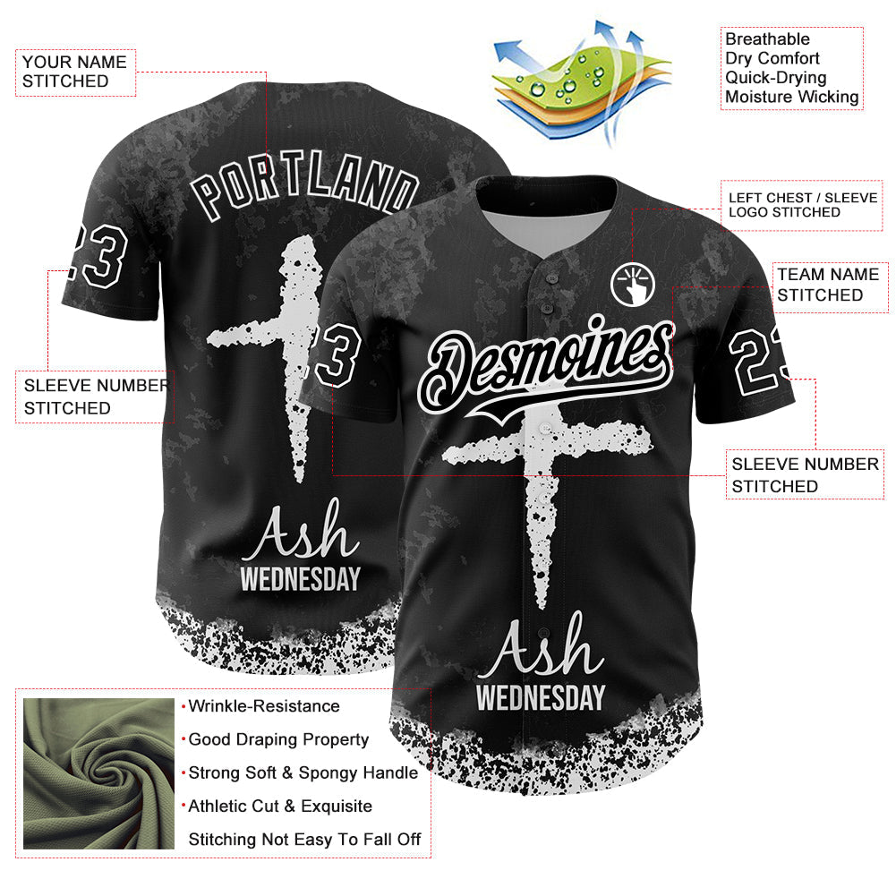 Custom Black White-Gray 3D Pattern Design Religion Cross Jesus Christ Ash Wednesday Authentic Baseball Jersey view 3