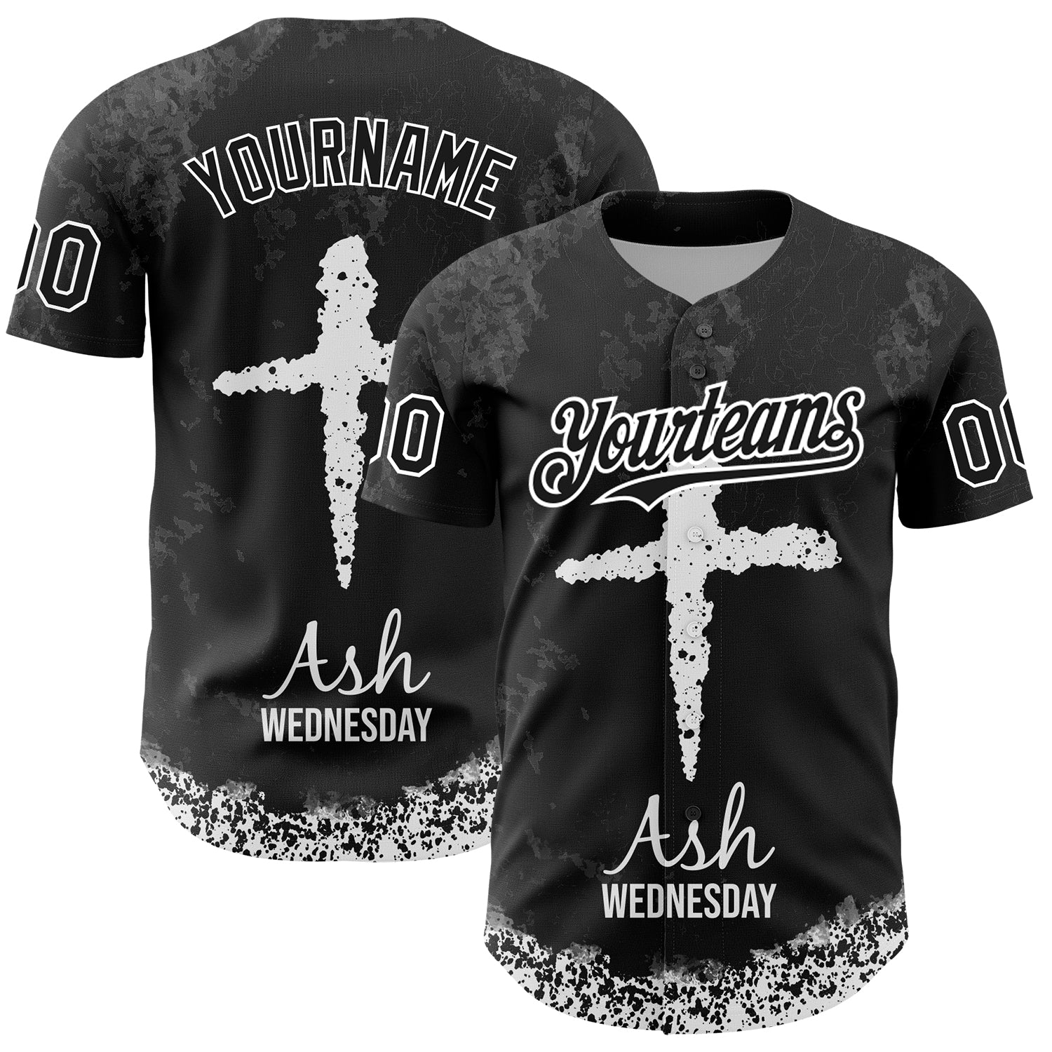 Custom Black White-Gray 3D Pattern Design Religion Cross Jesus Christ Ash Wednesday Authentic Baseball Jersey - Main View
