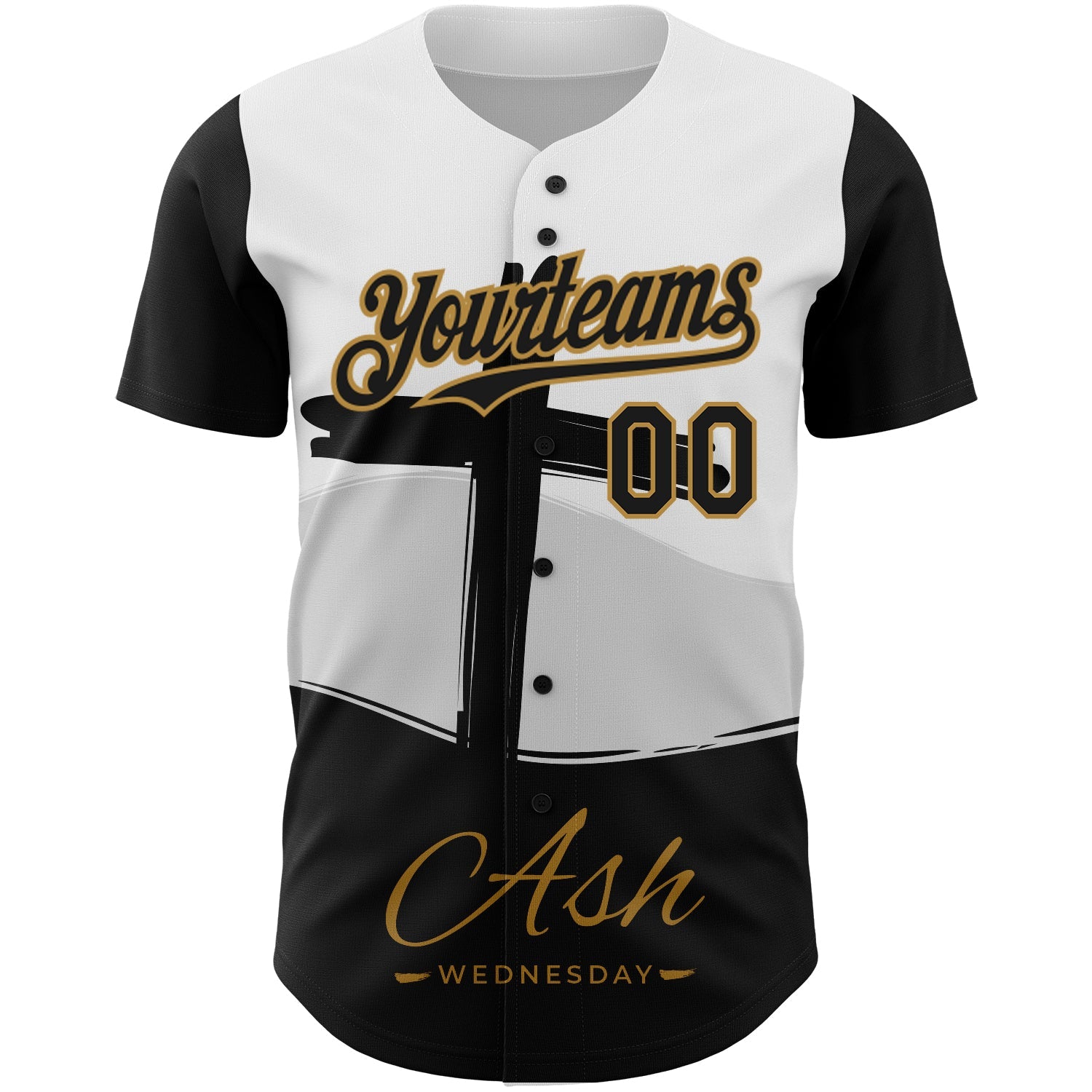 Custom White Black-Old Gold 3D Pattern Design Religion Cross Jesus Christ Ash Wednesday Authentic Baseball Jersey view 2