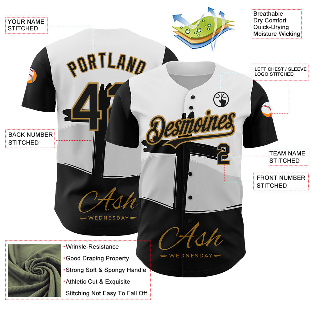 Custom White Black-Old Gold 3D Pattern Design Religion Cross Jesus Christ Ash Wednesday Authentic Baseball Jersey view 3