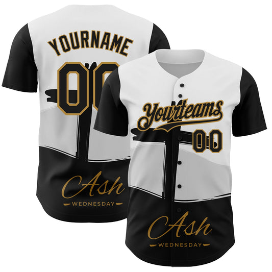 Custom White Black-Old Gold 3D Pattern Design Religion Cross Jesus Christ Ash Wednesday Authentic Baseball Jersey - Main View