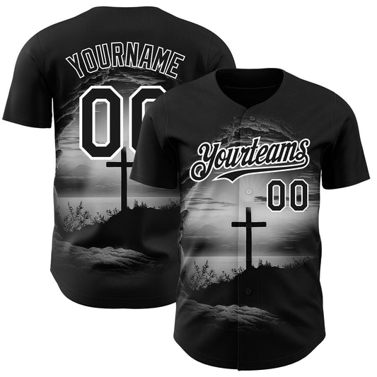 Custom Black White 3D Pattern Design Religion Cross Jesus Christ Ash Wednesday Authentic Baseball Jersey - Main View
