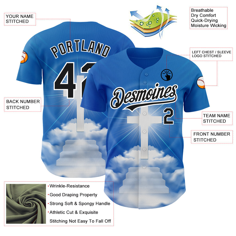 Custom Royal Black-White 3D Pattern Design Religion Cross Jesus Christ Good Friday Authentic Baseball Jersey view 3