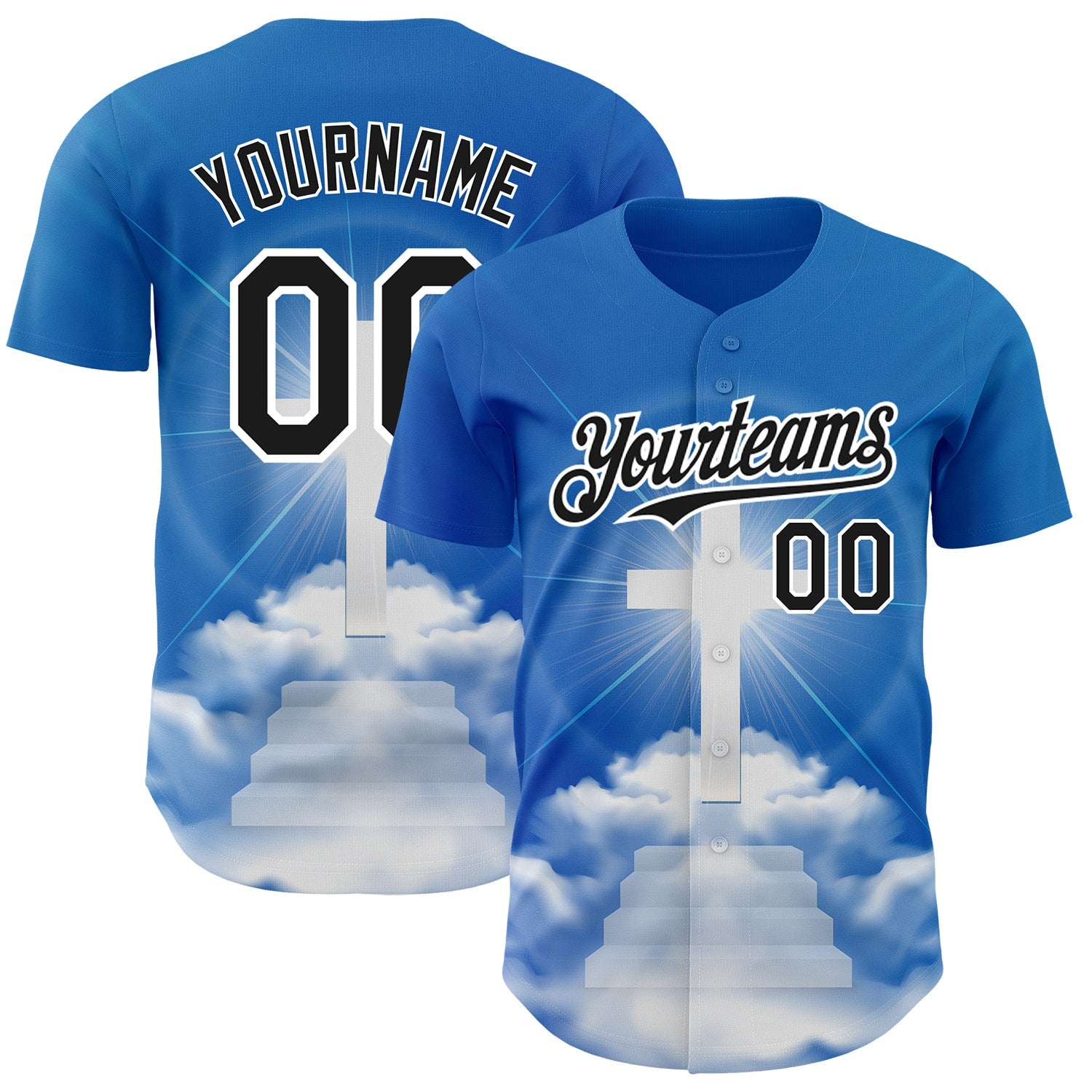 Custom Royal Black-White 3D Pattern Design Religion Cross Jesus Christ Good Friday Authentic Baseball Jersey - Main View