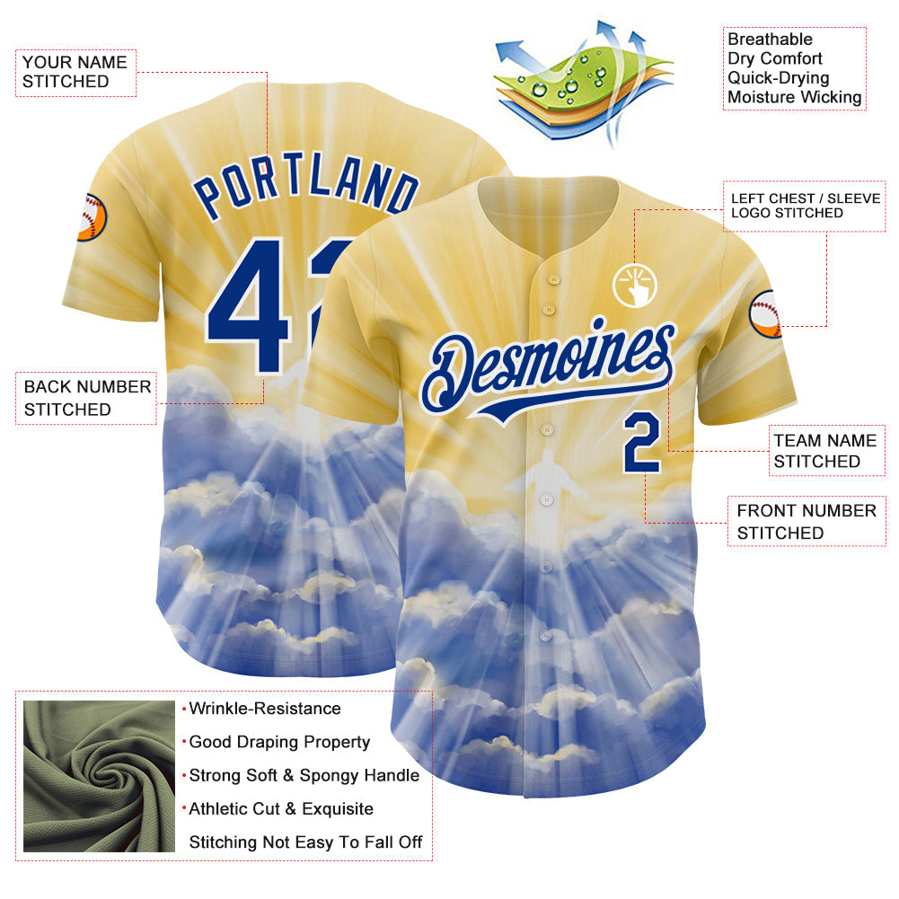Custom Yellow Royal-White 3D Pattern Design Religion Jesus Christ Authentic Baseball Jersey view 3