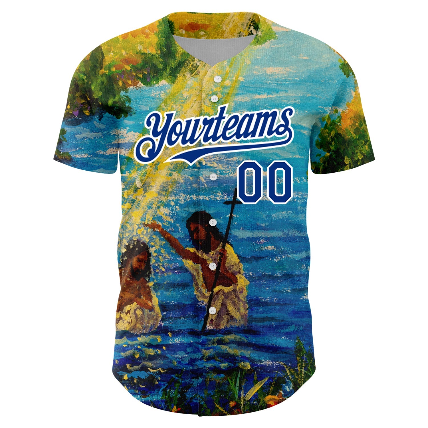 Custom Royal White 3D Pattern Design Religion Jesus Christ Authentic Baseball Jersey view 2