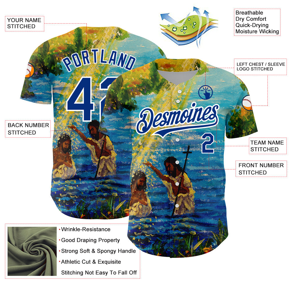 Custom Royal White 3D Pattern Design Religion Jesus Christ Authentic Baseball Jersey view 3
