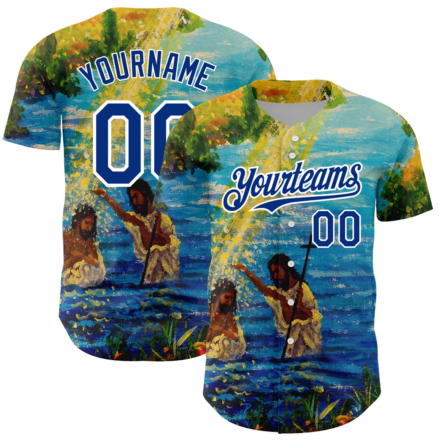 Custom Royal White 3D Pattern Design Religion Jesus Christ Authentic Baseball Jersey - Main View
