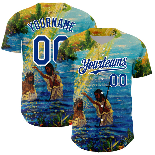 Custom Royal White 3D Pattern Design Religion Jesus Christ Authentic Baseball Jersey - Main View