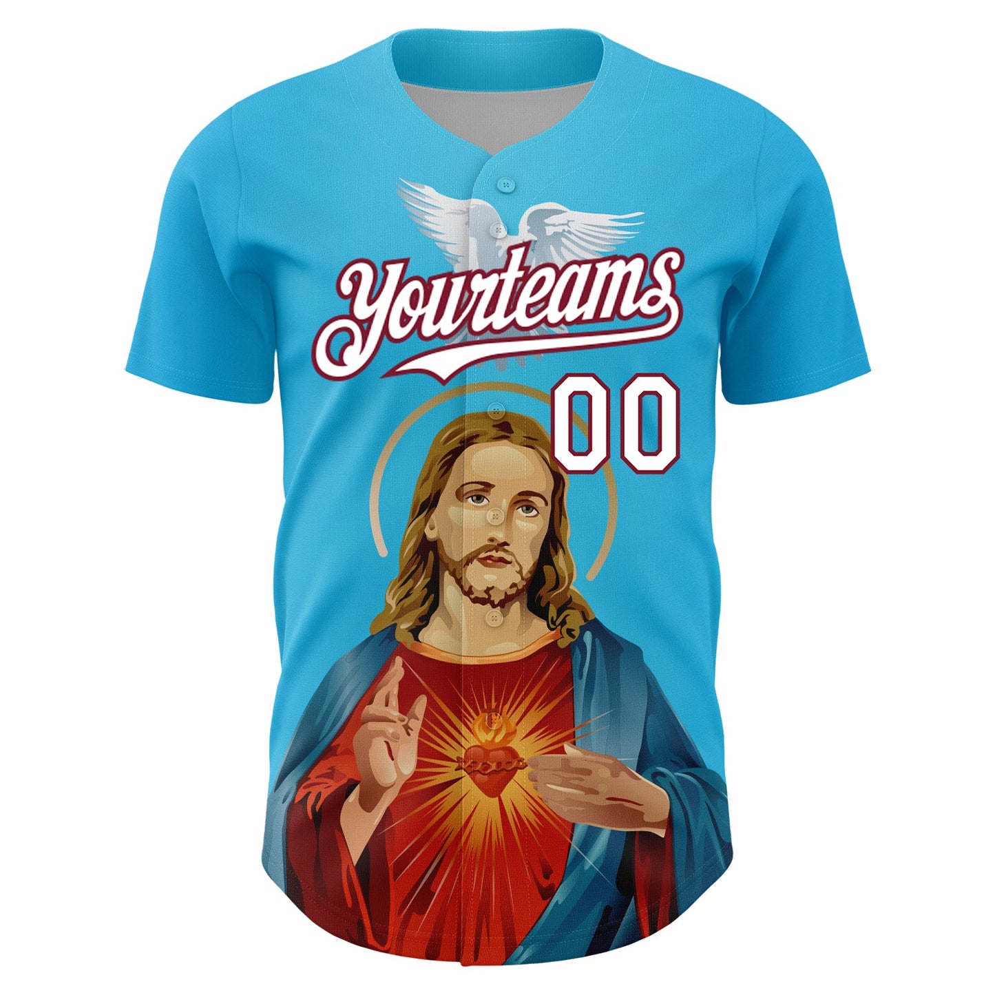 Custom Sky Blue White-Maroon 3D Pattern Design Religion Jesus Christ And Virgin Mary Authentic Baseball Jersey view 2
