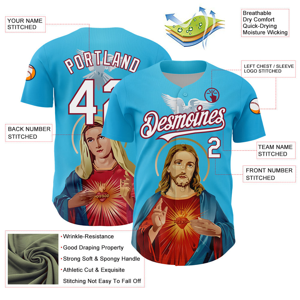 Custom Sky Blue White-Maroon 3D Pattern Design Religion Jesus Christ And Virgin Mary Authentic Baseball Jersey view 3