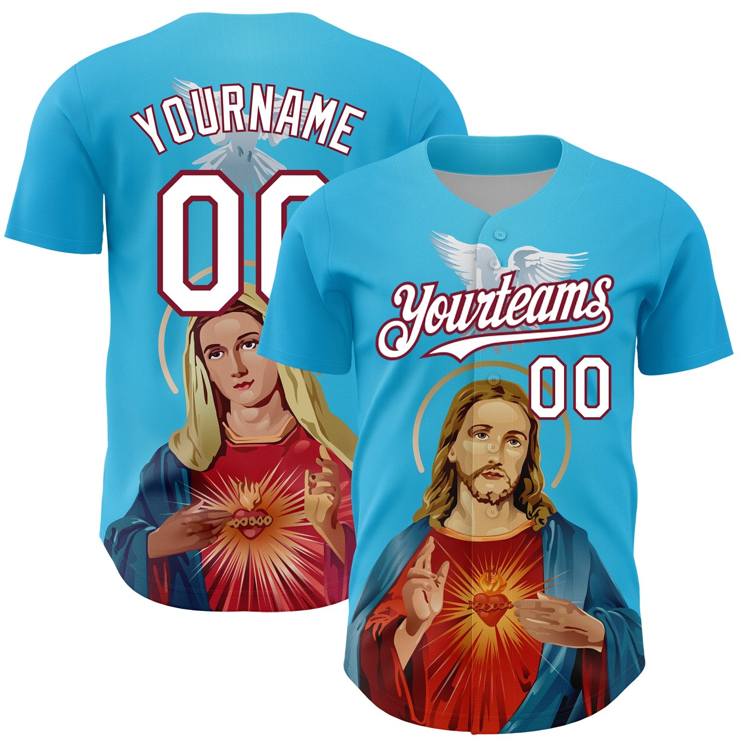 Custom Sky Blue White-Maroon 3D Pattern Design Religion Jesus Christ And Virgin Mary Authentic Baseball Jersey - Main View