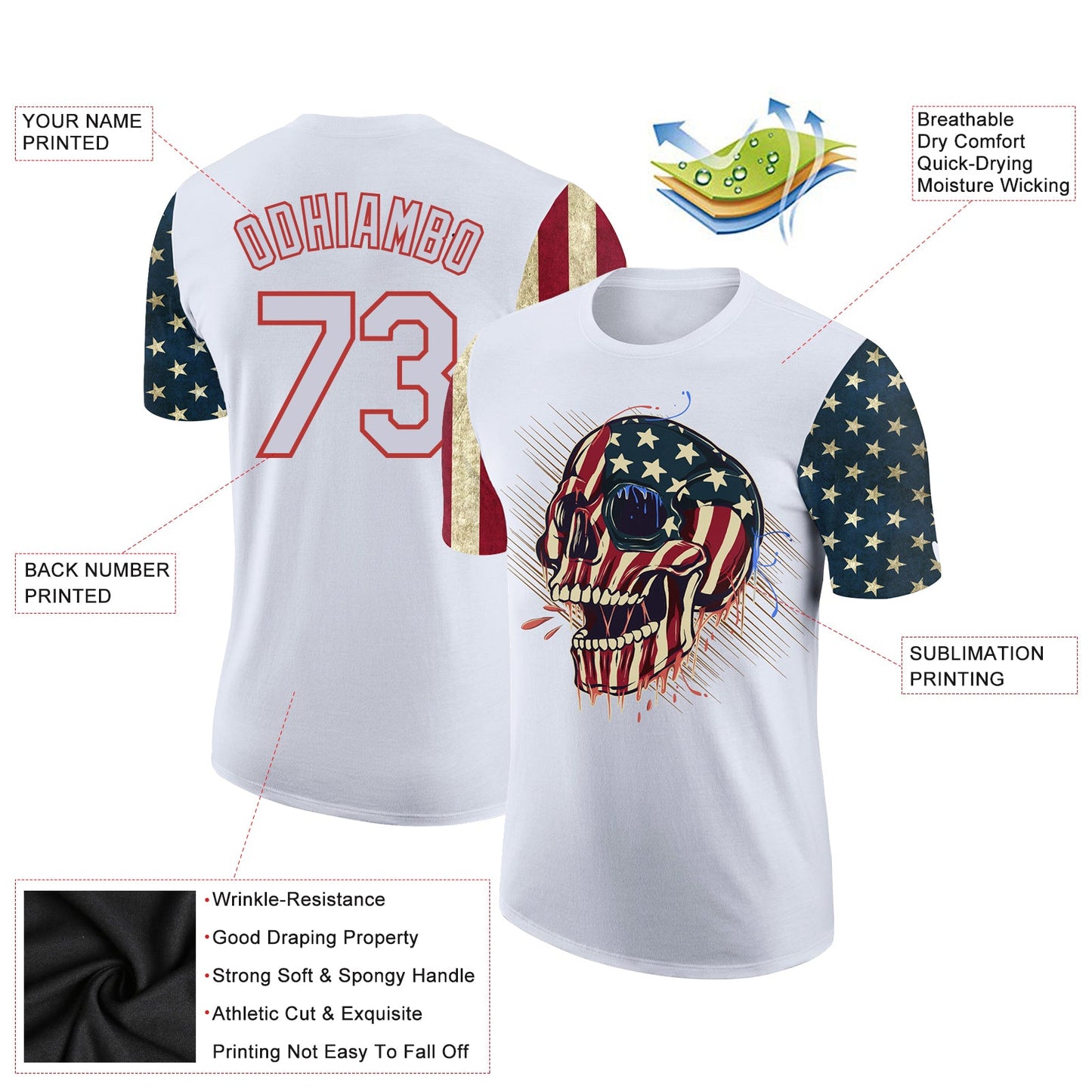 Custom White Red 3D Skull Head With American Flag Performance T-Shirt view 2