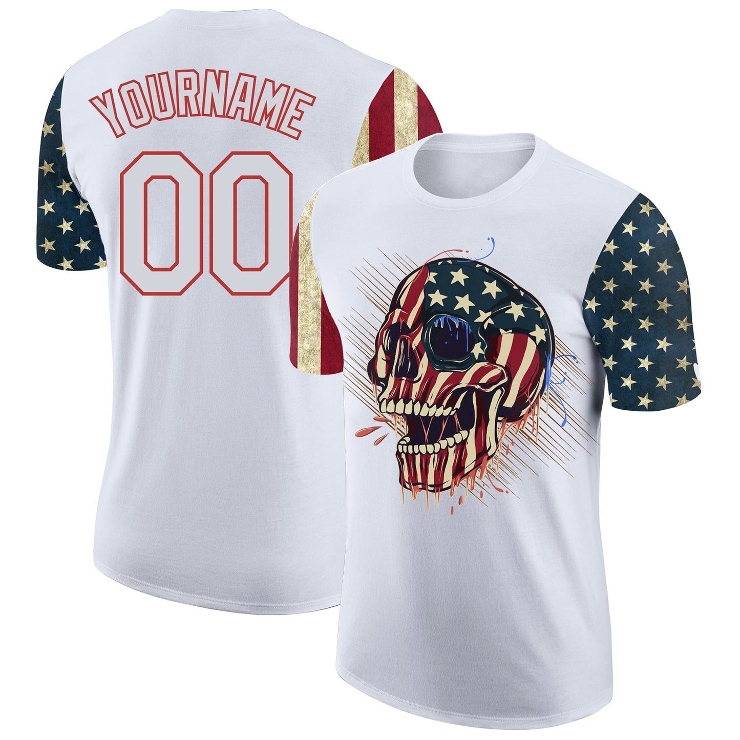 Custom White Red 3D Skull Head With American Flag Performance T-Shirt - Main View
