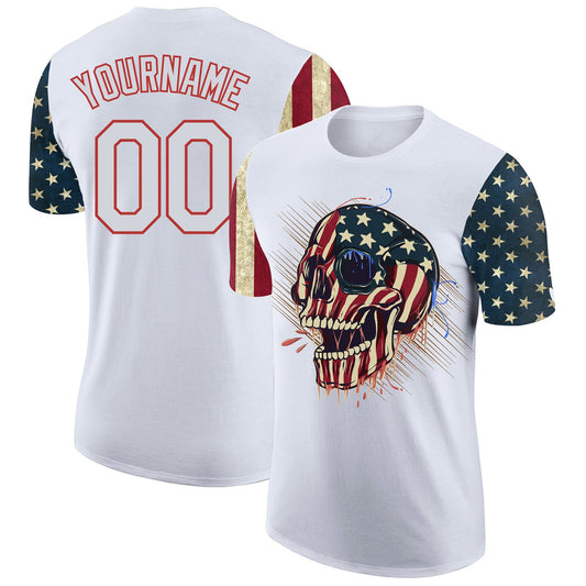 Custom White Red 3D Skull Head With American Flag Performance T-Shirt - Main View