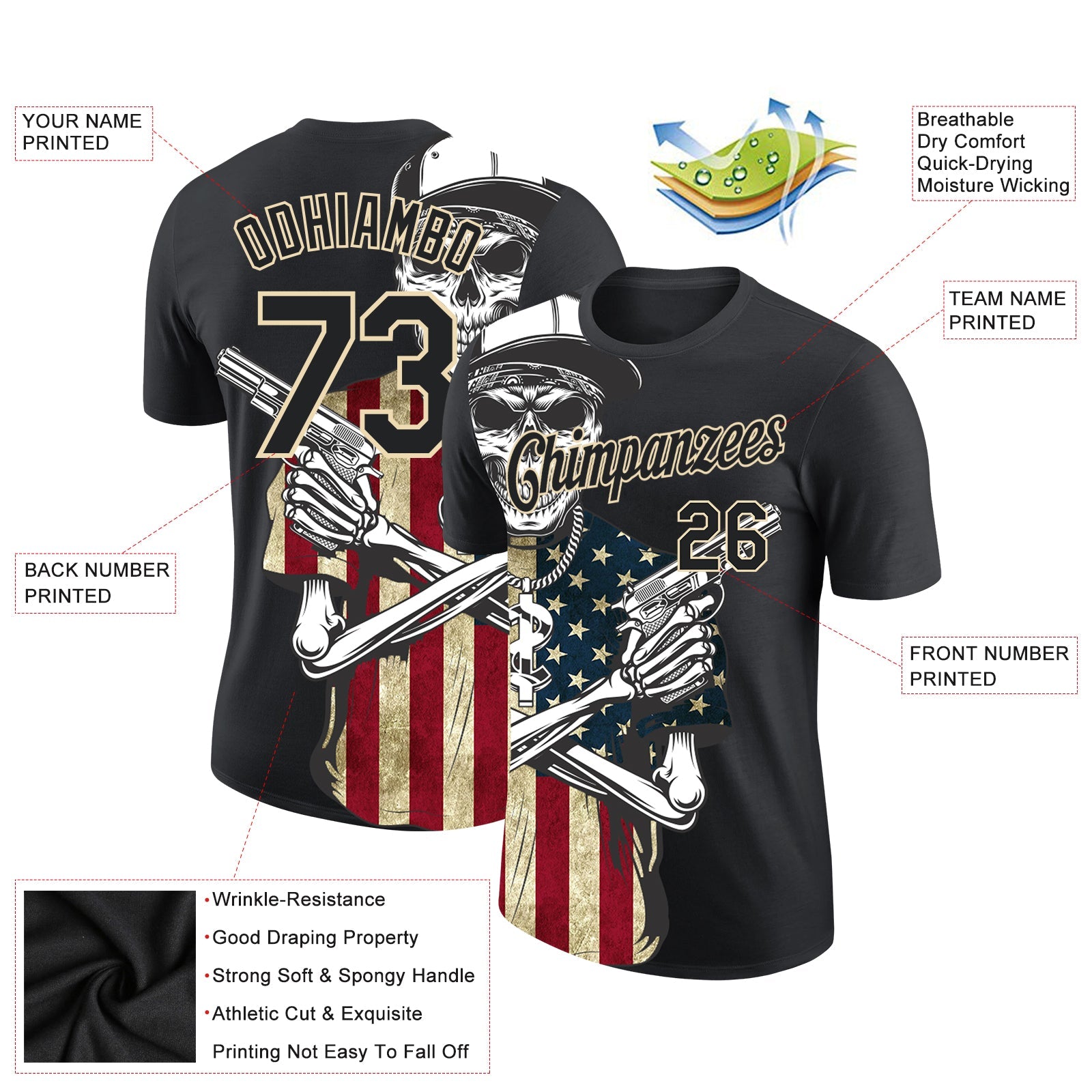 Custom Black City Cream 3D Skull Killer With American Flag Performance T-Shirt view 2
