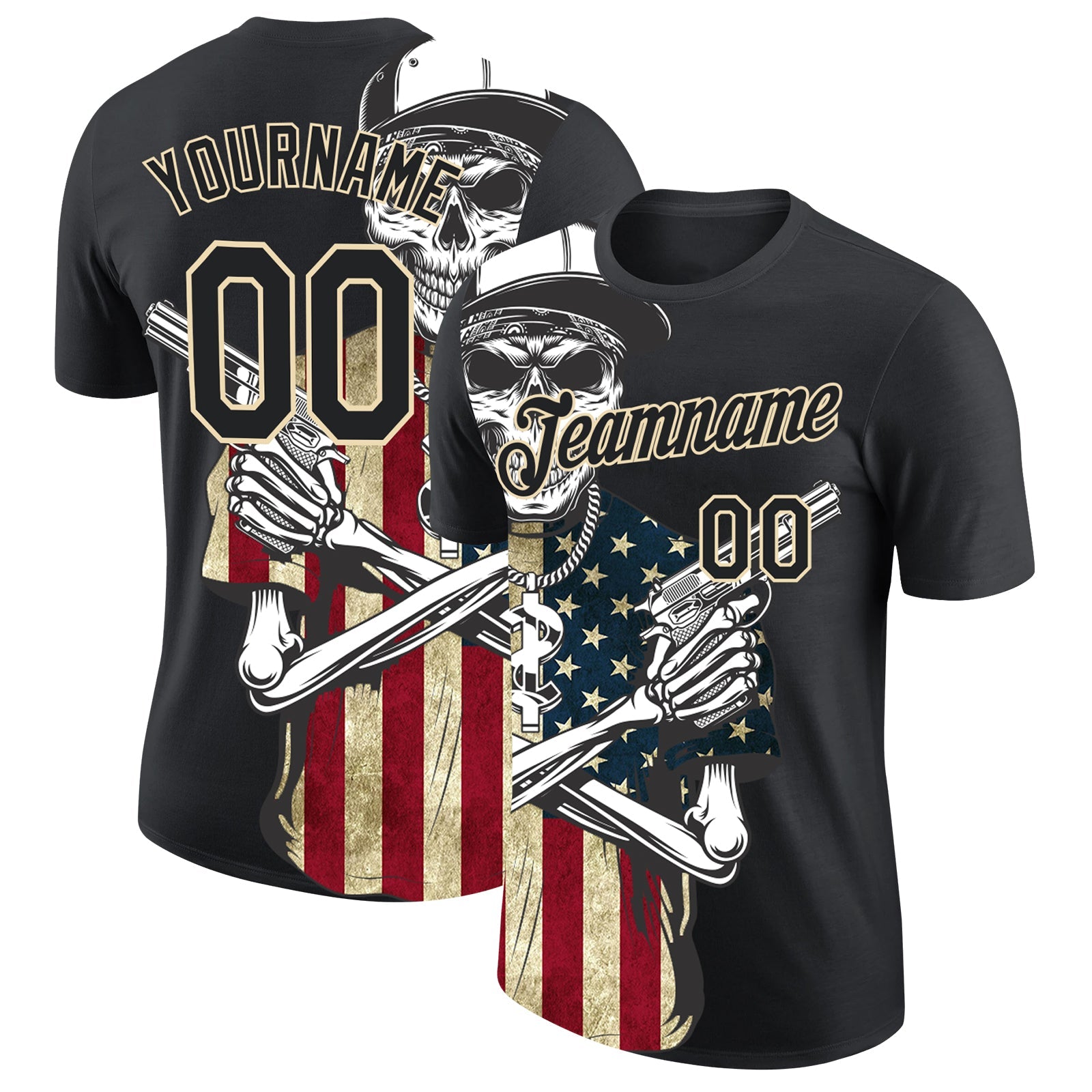 Custom Black City Cream 3D Skull Killer With American Flag Performance T-Shirt - Main View