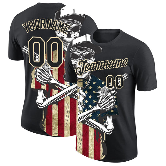 Custom Black City Cream 3D Skull Killer With American Flag Performance T-Shirt - Main View