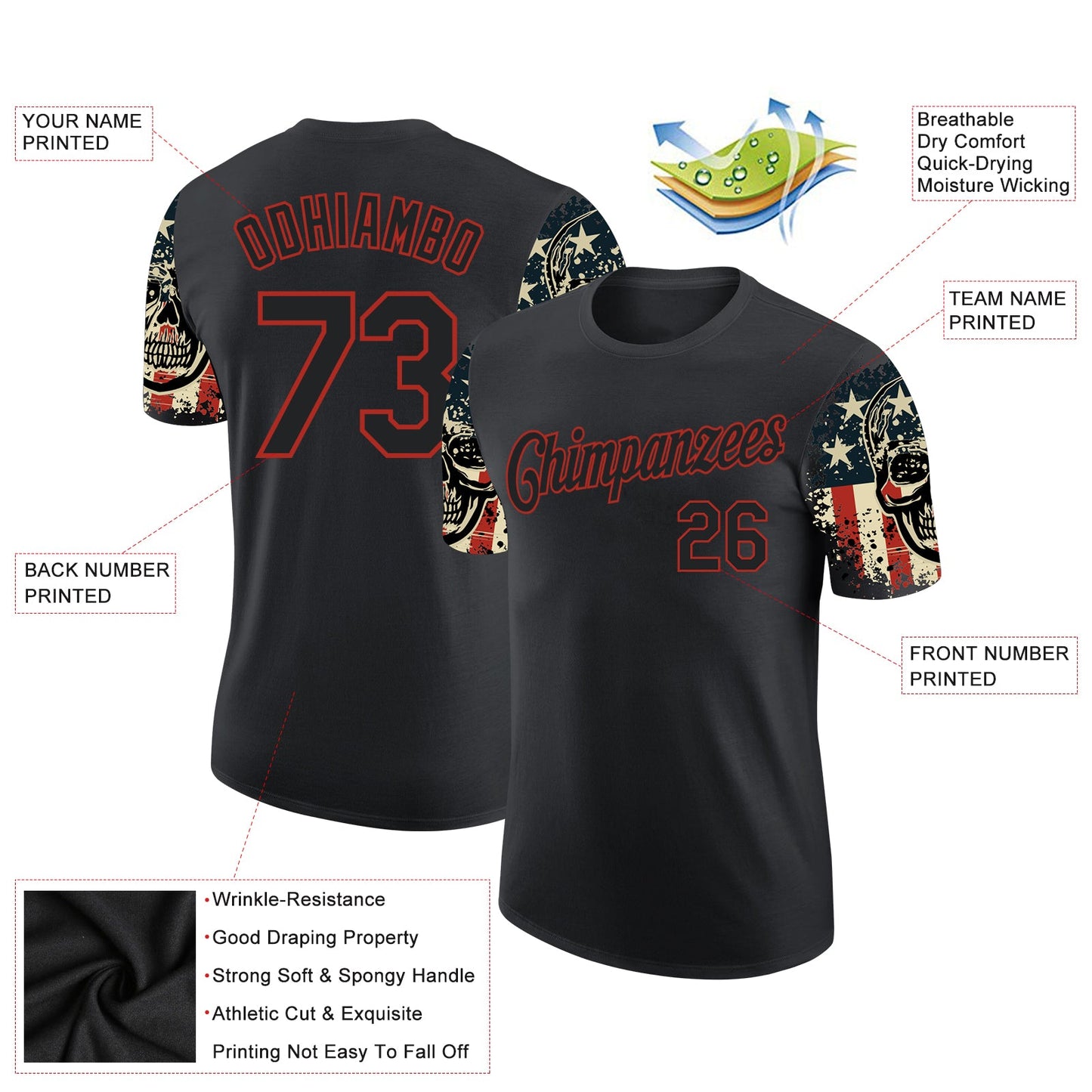 Custom Black Red 3D Skull With American Flag Performance T-Shirt view 2