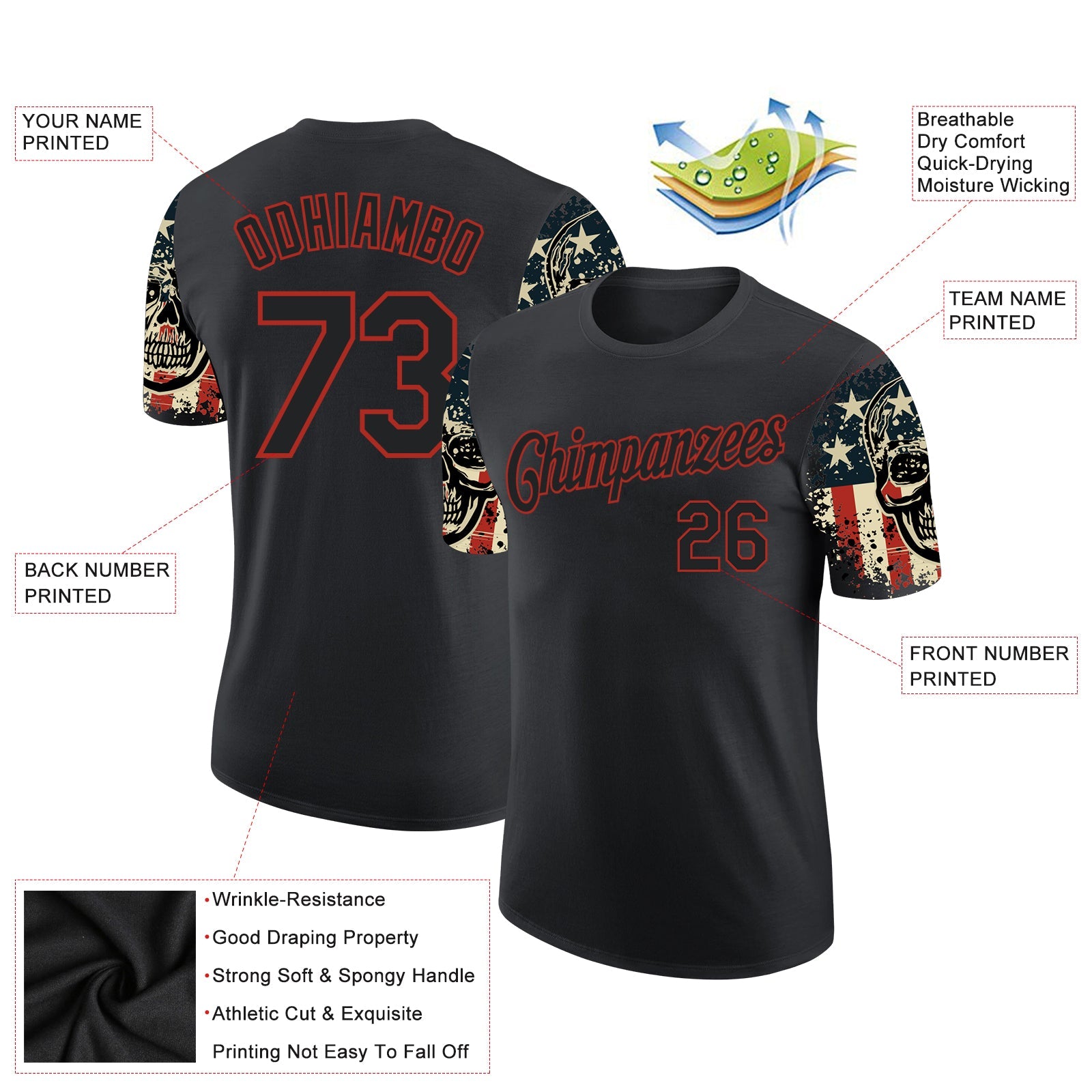 Custom Black Red 3D Skull With American Flag Performance T-Shirt view 2