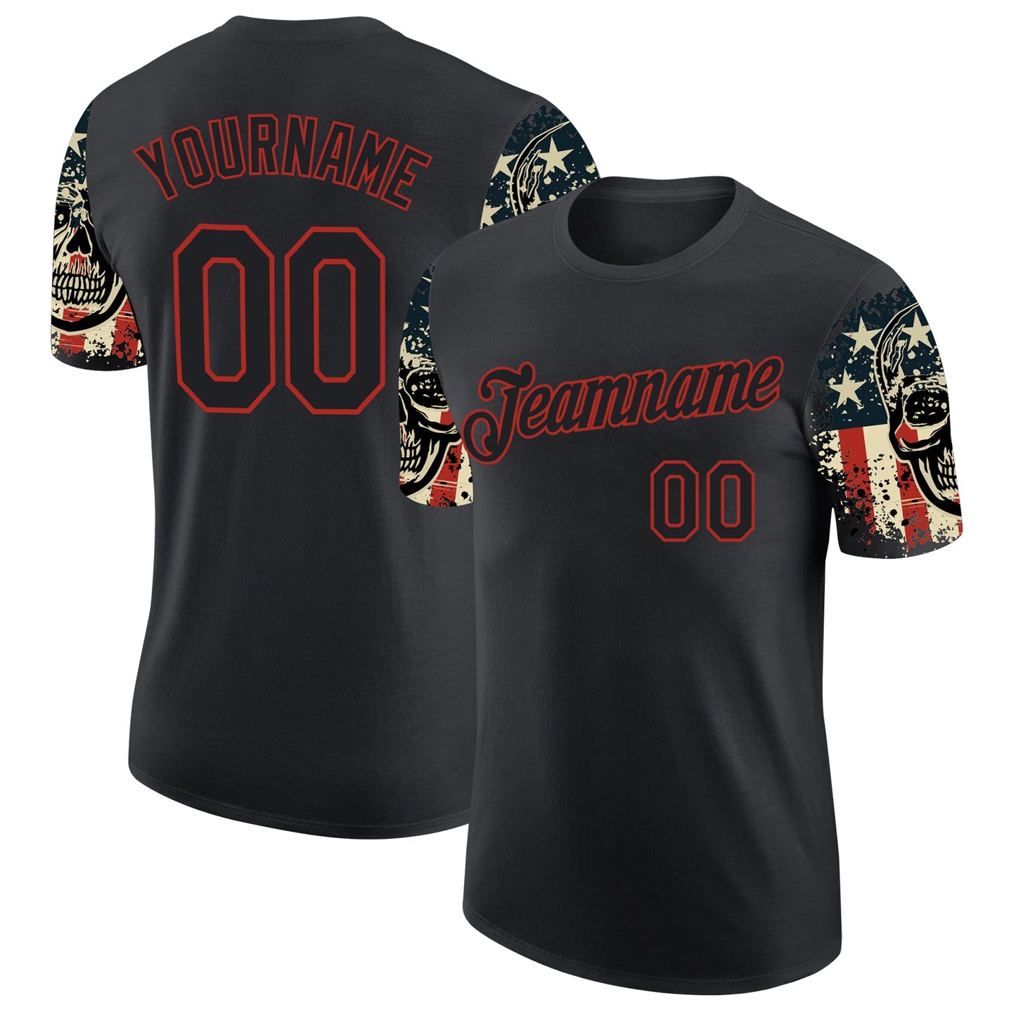 Custom Black Red 3D Skull With American Flag Performance T-Shirt - Main View