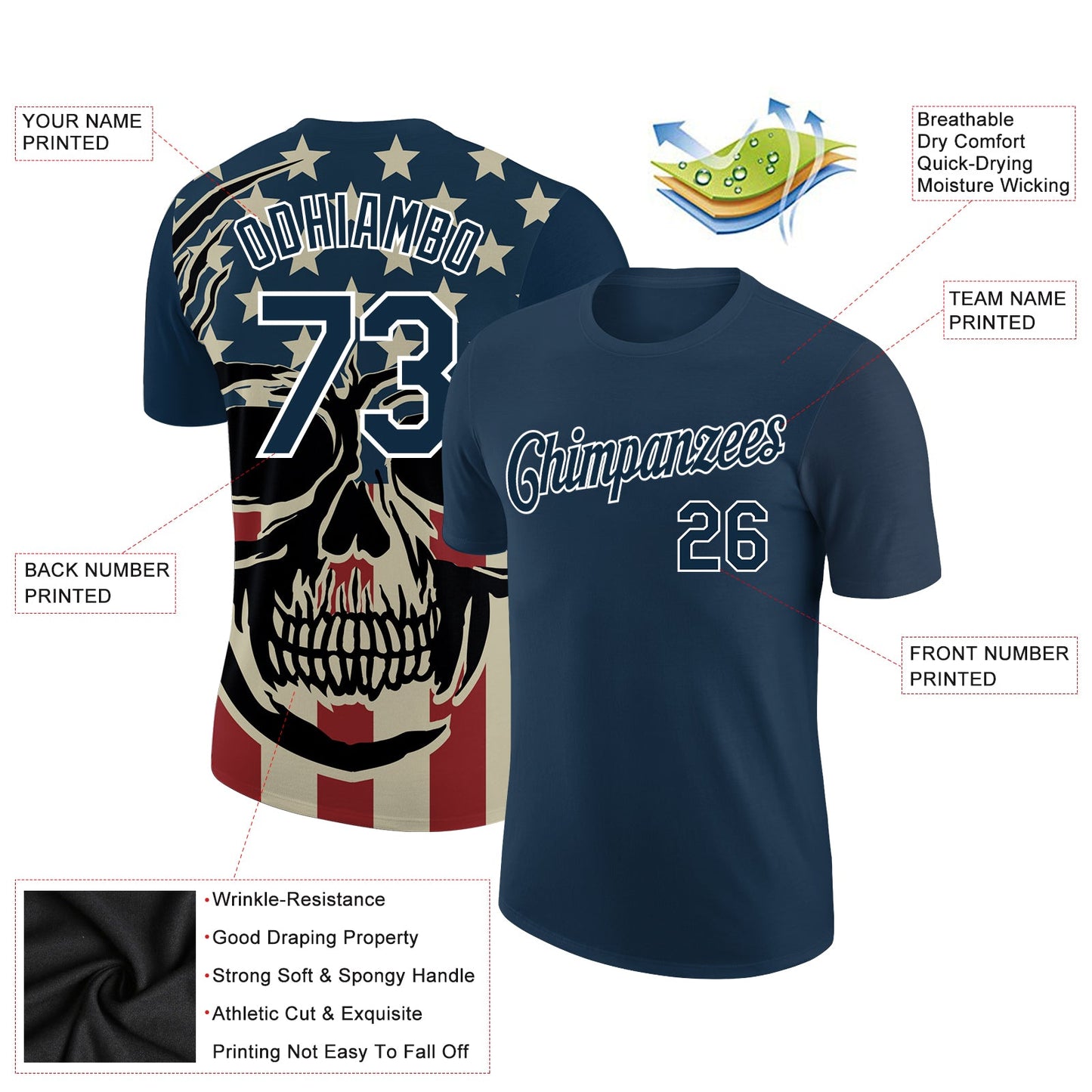 Custom US Navy Blue White 3D Skull With American Flag Performance T-Shirt view 2
