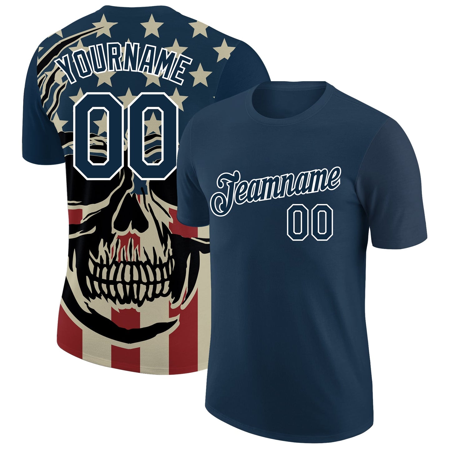Custom US Navy Blue White 3D Skull With American Flag Performance T-Shirt - Main View