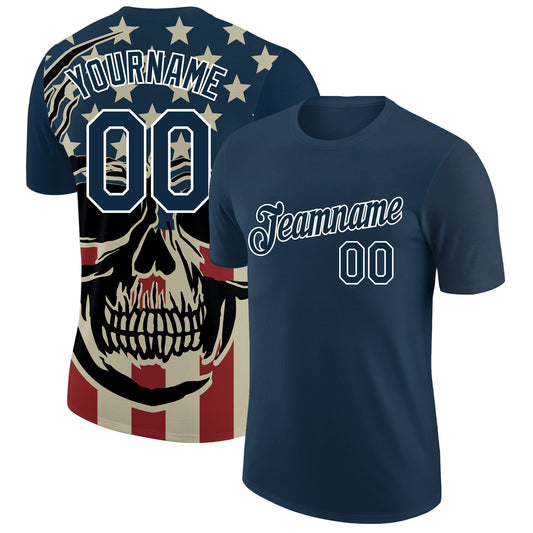 Custom US Navy Blue White 3D Skull With American Flag Performance T-Shirt - Main View