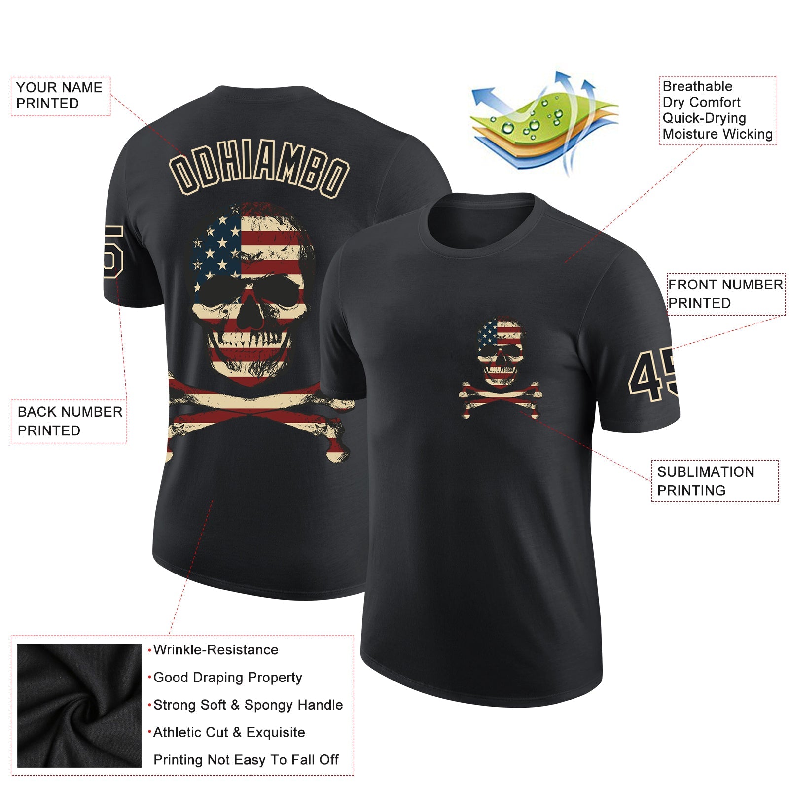 Custom Black City Cream 3D Skull With American Flag Performance T-Shirt view 2