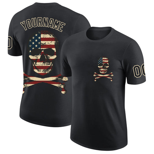 Custom Black City Cream 3D Skull With American Flag Performance T-Shirt - Main View