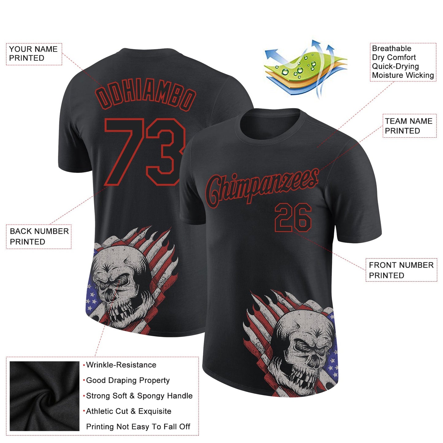 Custom Black Red 3D Skull With American Flag Performance T-Shirt view 2