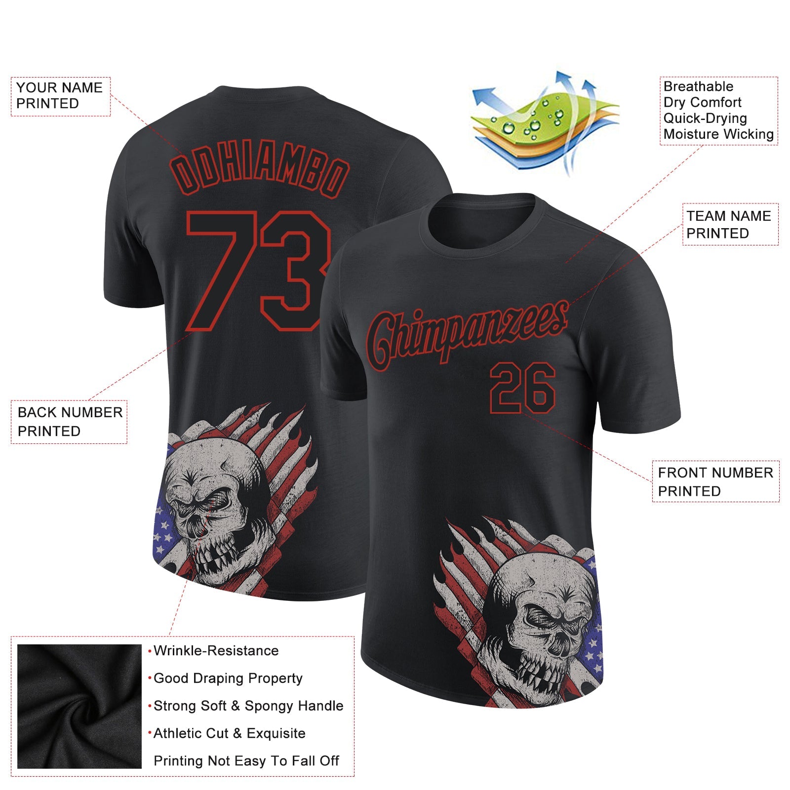 Custom Black Red 3D Skull With American Flag Performance T-Shirt view 2