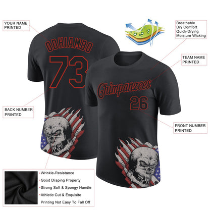 Custom Black Red 3D Skull With American Flag Performance T-Shirt view 2