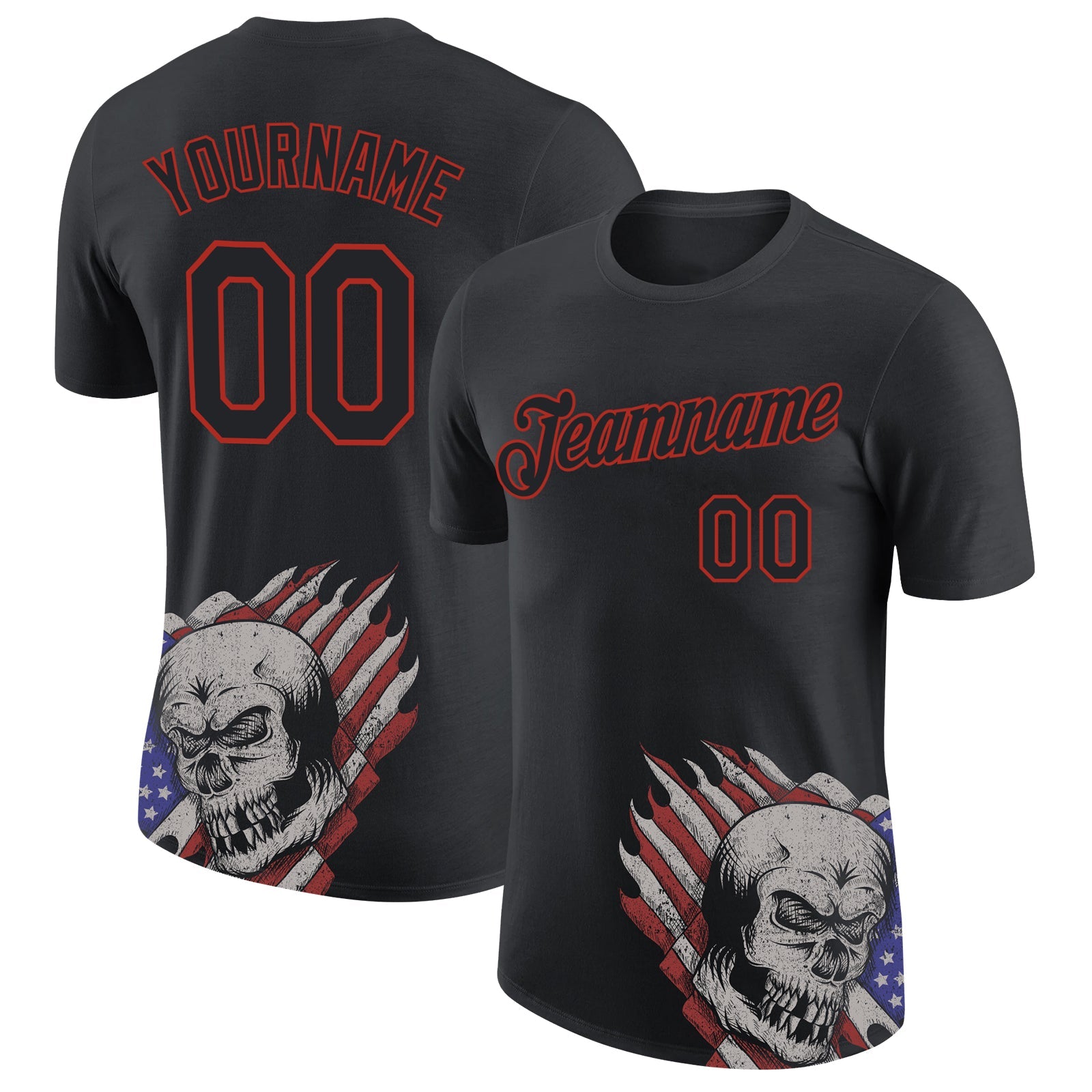 Custom Black Red 3D Skull With American Flag Performance T-Shirt - Main View