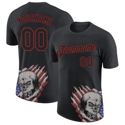 Custom Black Red 3D Skull With American Flag Performance T-Shirt - Main View