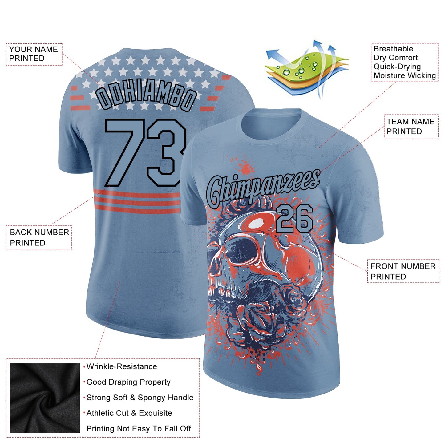 Custom Light Blue Black 3D Skull Fashion Performance T-Shirt view 2