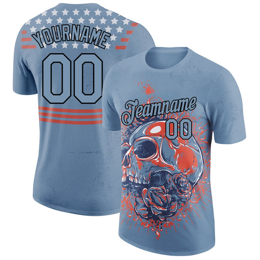 Custom Light Blue Black 3D Skull Fashion Performance T-Shirt - Main View