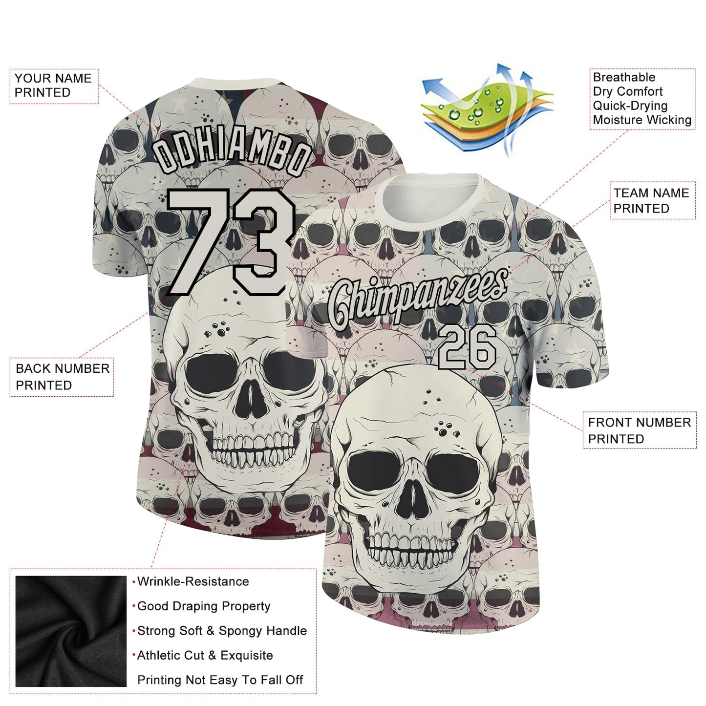 Custom City Cream Black 3D Skull Fashion Performance T-Shirt view 2