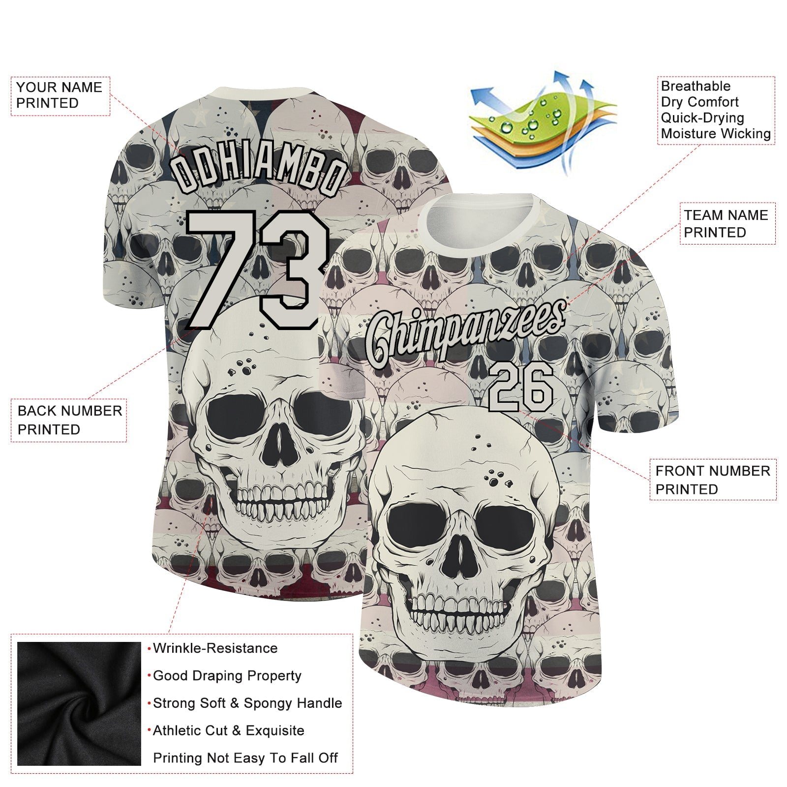Custom City Cream Black 3D Skull Fashion Performance T-Shirt view 2