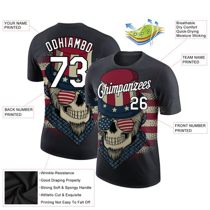 Custom Navy White-Black 3D Skull With American Flag Performance T-Shirt view 2