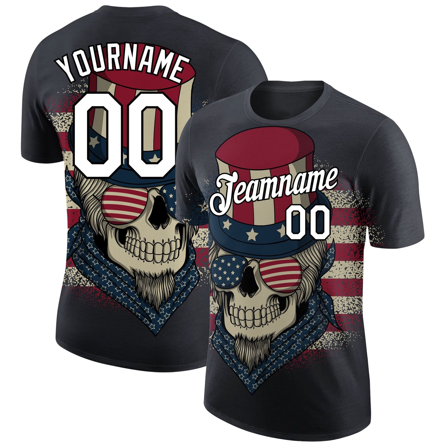 Custom Navy White-Black 3D Skull With American Flag Performance T-Shirt - Main View