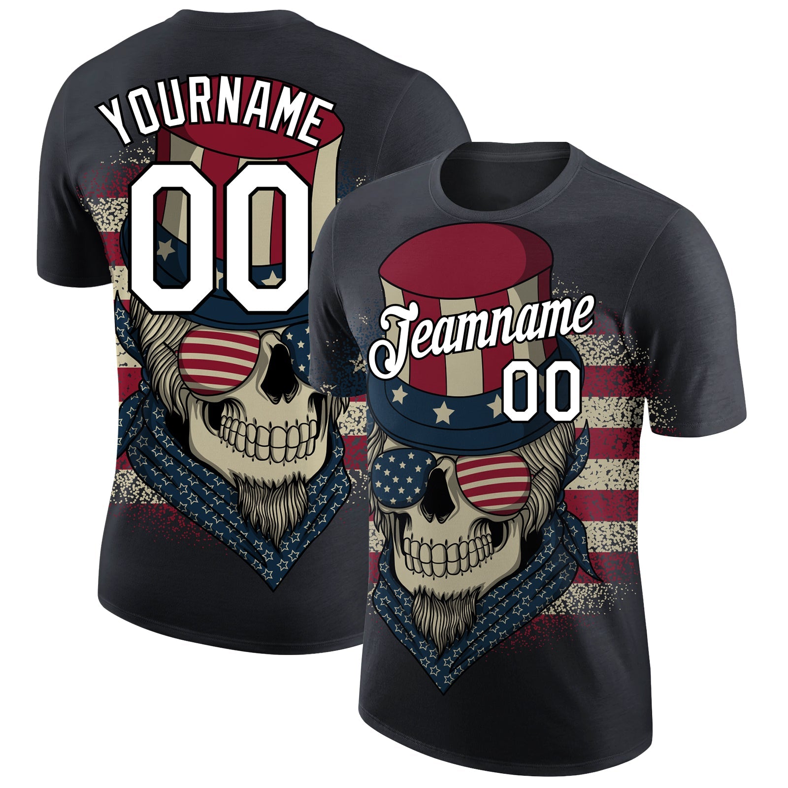 Custom Navy White-Black 3D Skull With American Flag Performance T-Shirt - Main View