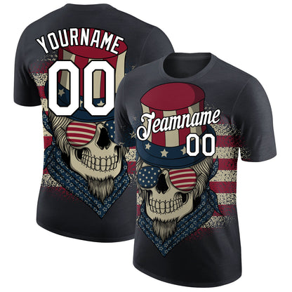 Custom Navy White-Black 3D Skull With American Flag Performance T-Shirt - Main View