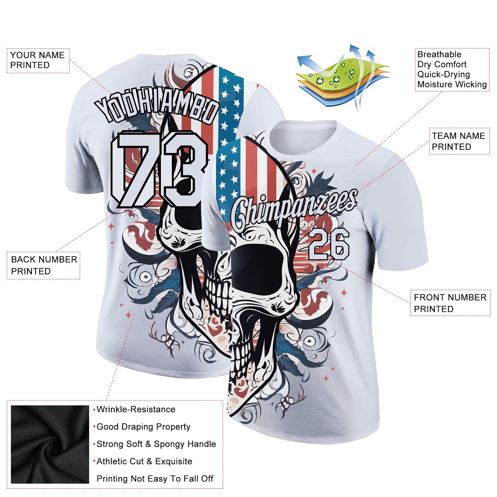 Custom White Black 3D Skull With American Flag Performance T-Shirt view 2