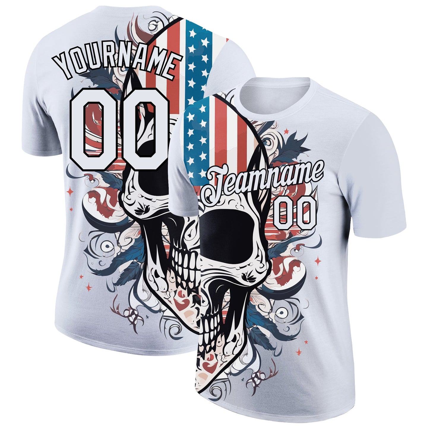 Custom White Black 3D Skull With American Flag Performance T-Shirt - Main View