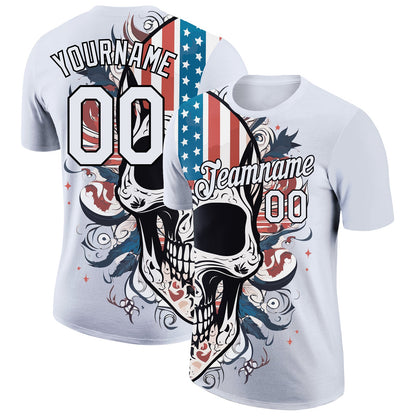 Custom White Black 3D Skull With American Flag Performance T-Shirt - Main View
