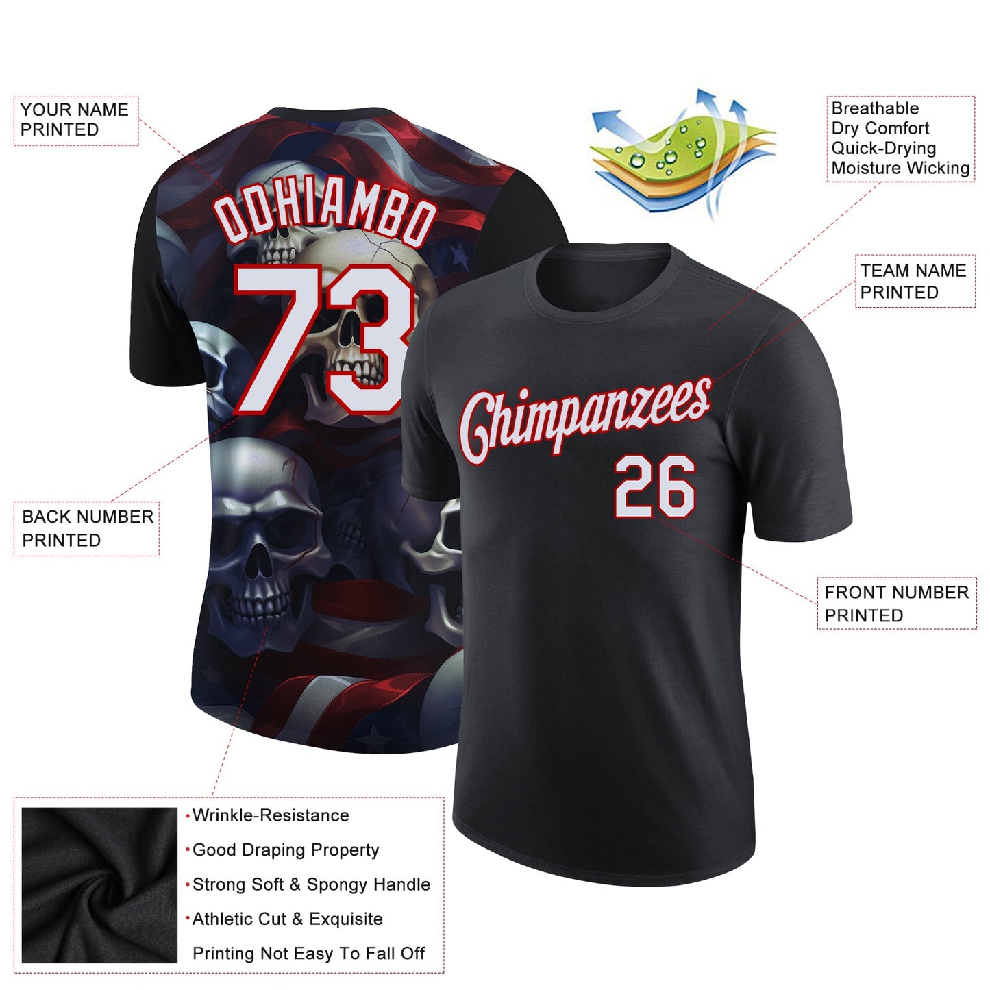 Custom Black White-Red 3D Skull And American Flag Performance T-Shirt view 2