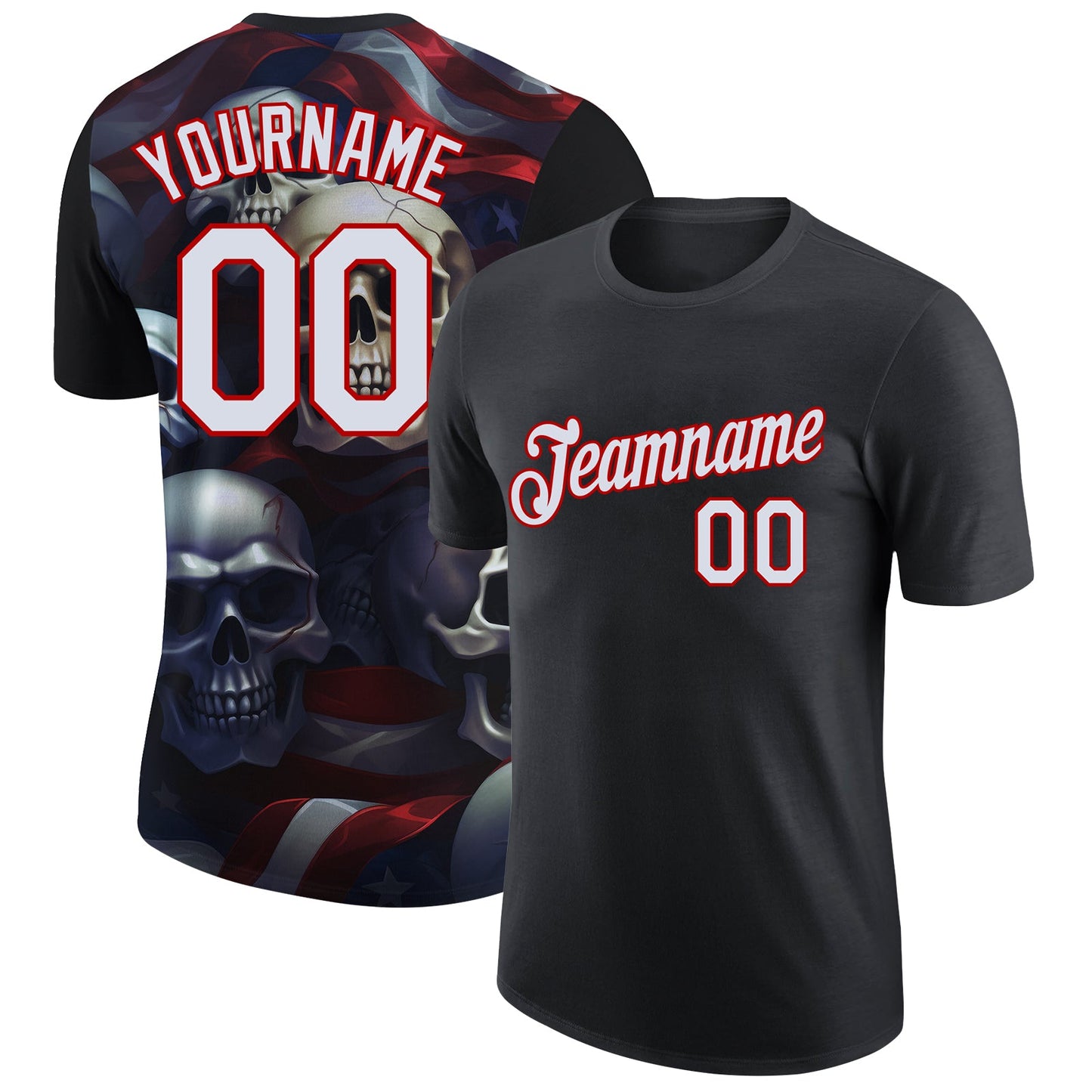 Custom Black White-Red 3D Skull And American Flag Performance T-Shirt - Main View